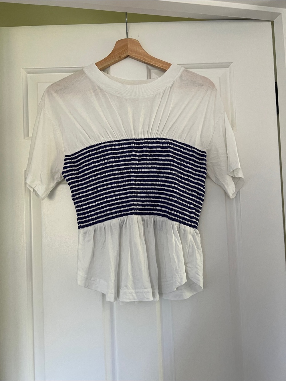 Maeve White Short-Sleeve Top with Navy Striped Smocked Waist